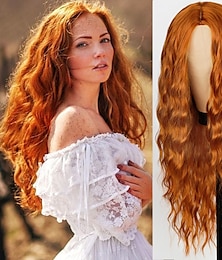 billiga -orange peruk för kvinnor lång vatten våg syntetiskt hår peruk ingefära peruk ombrewine blå rosa brun grå svart lila grön 26 tum