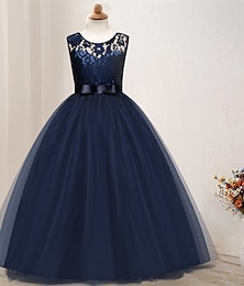 levne -dětské šaty pro holčičky jednobarevná síťovaná krajka tmavě modrá maxi roztomilé šaty bez rukávů letní regular fit 4-13 let
