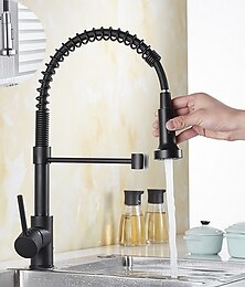 baratos -Torneira misturadora de pia de cozinha com pulverizador suspenso, torneiras de cozinha de mola de arco alto giratório 360° montadas no convés, torneira de pia de cozinha de latão de um furo torneiras de água centralizadas