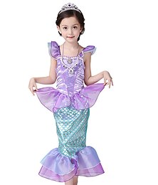 abordables -Semaine du livre 2026 : robe pour petites filles, La Petite Sirène, robe longue sans manches, coupe classique, en maille unie violette et rose poudré.
