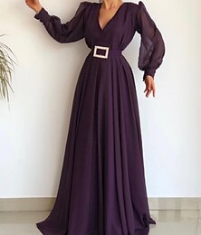 billige -A-linje Kveldskjoler Elegant Kjole Engasjement Formell kveld Gulvlengde Langermet V-hals Chiffon med Belte / bånd Plissert 2025
