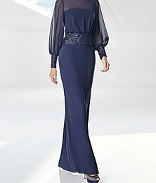 abordables -Robe de soirée en ligne Sheath Robe minimaliste Invité de mariage Soirée formelle Longueur de sol Manches longues Col illusion en chiffon avec sequins 2025 taille personnalisée gratuite