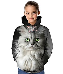 billiga -Barn Flickor Huvtröja och sweatshirt Långärmad Grå Katt 3D-tryck Katt Grafisk 3D Djur Mönster Skola Aktiv