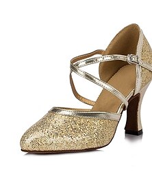 cheap -Women's Ballroom Dance Shoes Modern Shoes Performance Party Waltz Heel Glitter Thick Heel Buckle Cross Strap Silver Gold