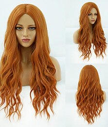 baratos -Perucas Vermelhas para Mulheres Peruca Sintética Ondulação Profunda Risca no Meio Peruca de Comprimento Médio Cabelo Sintético para Festa de Cosplay Perucas de Halloween Laranja