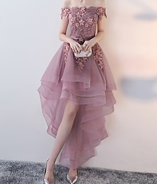 halpa -a-line juhlamekko kukkainen mekko häävieras tanssiainen epäsymmetrinen lyhythihainen tylli, jossa applikaatiot 2024