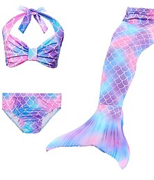 billiga -Barn Flickor 3st Badkläder för sjöjungfrun Bikini Bikini Simning Färgblock Mönster Aktiv söt stil Öppen rygg Baddräkter 2-9 år Sommar Purpur