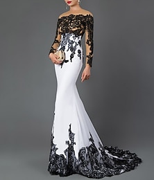 levne -mořská panna černé šaty barevný blok formální večerní šaty s dlouhým rukávem vlečka polyester s krajkovou vložkou 2022
