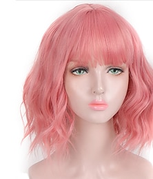 economico -parrucche rosa per donne parrucca sintetica onda profonda parrucca frangia ordinata rosa corta a1 a2 a3 a4 a5 capelli sintetici da donna cosplay festa moda parrucca rosa viola carnevale