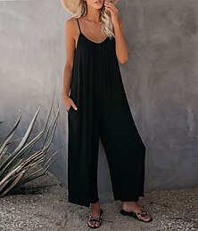 cheap -Women's Jumpsuits Casual Summer Solid Color V Neck Holiday Daily Going out Wide Leg Loose Fit Spaghetti Strap Khaki 3XL