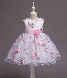 お買い得  -幼児の小さな女の子のドレス花柄チュールドレスプリント赤面ピンクの膝丈ノースリーブかわいいドレス子供の日スリム2-8歳