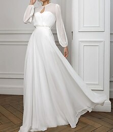 economico -Abito da Sera A-Line Abito Empire Matrimonio per Ospiti di San Valentino Lunghezza Piena Maniche Lunghe Collo Illusione Chiffon con Pieghe