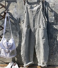 billige -ababc jentemote bomull lin romper kvinners bandasje ermeløs stripe bodysuit playsuit casual baggy overalls jumpsuit lin med lommer brede ben harembukser