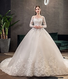 ieftine -Engagement Formal Wedding Dresses Ball Gown Illusion Neck Long Sleeve Cathedral Train Lace Bridal Gowns With Pleats Appliques 2024