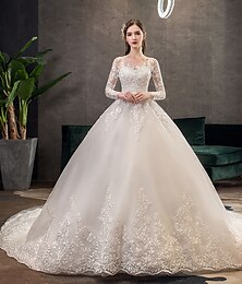 billige -Engagement Formal Wedding Dresses Ball Gown Illusion Neck Long Sleeve Cathedral Train Lace Bridal Gowns With Pleats Appliques 2024