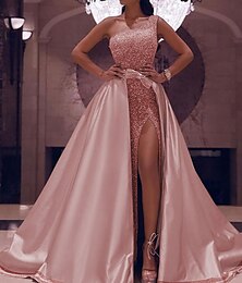 cheap -Ball Gown Prom Dresses Sparkle & Shine Dress Wedding Guest Evening Party Floor Length Sleeveless One Shoulder Detachable Satin with Bow(s) Sequin Slit 2024