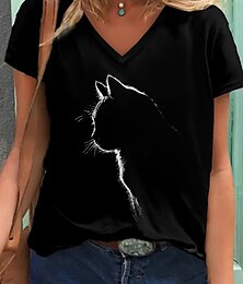 voordelige -Dames T-shirt Zwart Grafisch Kat Afdrukken Korte mouw Dagelijks Weekend Basic V-hals Normaal 3D Cat S