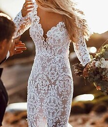 economico -Matrimonio in spiaggia Abiti boho da matrimonio con schiena aperta Abiti da sposa sirena scollatura a V maniche lunghe strascico corte in pizzo abiti da sposa con applicazioni