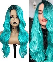 economico -parrucche verdi per donne parrucca sintetica parrucca con parte laterale a onde profonde bionda lunghezza media ombre blu ombre verde ombre bionda capelli sintetici parrucca da carnevale cosplay da