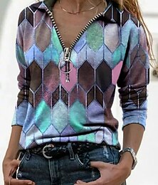 baratos -Mulheres Camiseta Azul Roxo Laranja Geométrica Bloco de cor Quarter Zip Imprimir Manga Longa Casual Diário Básico Colarinho de Camisa Padrão S