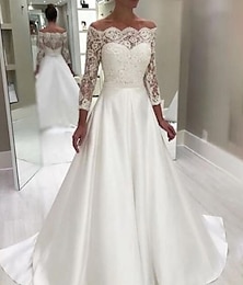 cheap -Engagement Formal Wedding Dresses Ball Gown Off Shoulder Long Sleeve Court Train Satin Bridal Gowns With Beading Appliques 2024