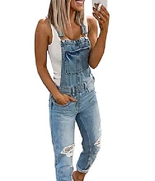 זול -סרבל ג 'ינס נקרע חור נשטף לנשים, סרבל סרבל ג' ינס קרוע למתוח לנשים סופר נוח, כחול XL