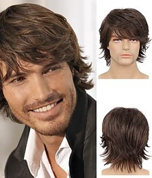 abordables -10 pouces perruques brunes bouclés couches synthétiques résistantes à la chaleur cheveux courts ondulés perruque naturelle moelleuse pour les hommes utilisation quotidienne2021