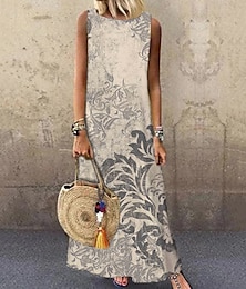 billige -kvinners blomsterskiftkjole lang kjole maxi kjole beige ermeløst trykk vårsommer rund hals 2023 s m l xl xxl 3xl