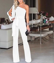 cheap -White Jumpsuit for Women Clean Fit Split Solid Color Cold Shoulder Elegant Party Prom Regular Fit Long Sleeve Black Blue Pink S M L Fall