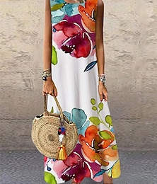 cheap -Women's Casual Dress Shift Dress Long Dress Maxi Dress Rainbow Sleeveless Floral Print Fall Spring Summer Crew Neck Fashion Daily 2023 S M L XL XXL 3XL