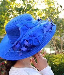 abordables -Sombreros Sombreros de paja Tul Hebra Sombrero de copa Sombrero para el sol Casual Festivos Copa Melbourne cóctel Astcot real Estilo retro Elegante Estilo playero Con Apliques Flor Celada Sombreros