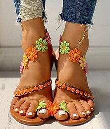 cheap -Women's Sandals Boho Bohemia Beach Floral Lace Flower Flat Heel Round Toe PU Loafer Rainbow