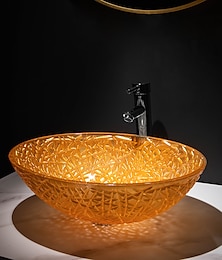 זול -אמנות יוקרה מודרנית כתומה אובלית יצוק זכוכית כיור עם ברז, מחזיק כיור וניקוז