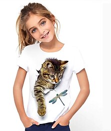 olcso -gyerek lányok 3d print macska póló rövid ujjú macska grafika állat colorblock kék fehér gyerek felsők aktív aranyos 3-12 éves korig