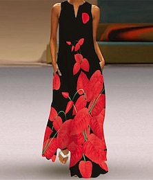 Χαμηλού Κόστους -Γυναικεία Βαμβάκι Καθημερινό φόρεμα Φλοράλ Στάμπα Λαιμόκοψη V Μακρύ φόρεμα Καθημερινό Καθημερινά Αμάνικο Καλοκαίρι Άνοιξη