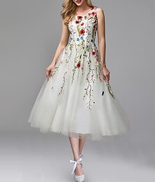 abordables -Robe de bal A-Line Élégante Robe Invitée de mariage Engagement Thé Longueur sans manches Col bijou Chiffon avec insert en dentelle appliqués 2025