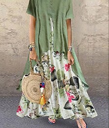 olcso -női alkalmi ruha len ruha lenge ruha hosszú ruha maxi ruha zöld rövid ujjú virágos patchwork nyári tavaszi legénységi nyak divat 2023 5xl
