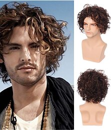 baratos -peruca masculina curta marrom encaracolada em camadas franja fofa fantasia de halloween cabelo festa cosplay peruca cheia