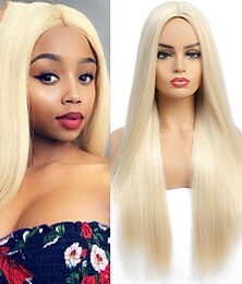 economico -parrucche bionde per donna parrucca sintetica naturale dritta parte centrale parrucca capelli sintetici dorati chiari parrucche da donna per feste di natale