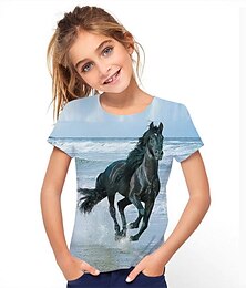 זול -ילדים בנות חולצה קצרה שרוולים קצרים קשת הדפסת תלת מימד סוס בית הספר יומי בָּחוּץ פעיל בסיסי 3-12 שנים / קיץ