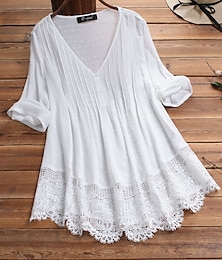 economico -Per donna Camicia in pizzo Blusa Occhiello in alto Camicia di pizzo bianco Tribale Informale Manica a 3/4 A V Top regolari Da mare Giornaliero Spiaggia Pizzo Tunica fluente blu navy Anguria Rossa