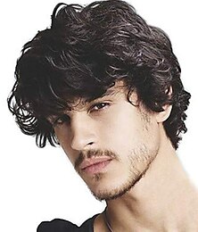 economico -parrucca da uomo con capelli ricci corti neri con frangia parrucca di capelli naturali per feste in costume di halloween cosplay