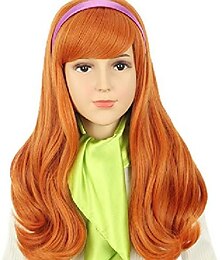 economico -vgbeaty parrucca arancione a onda lunga per bambini con sciarpa di seta verde e fascia viola parrucca cosplay anime parrucche di Halloween