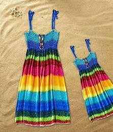 billige -mamma og meg kjoler barnedagskjoler regnbuestripet daglig slitasje print flerfarget blågrønn ermeløs knelang tankkjole boho matchende antrekk