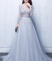 abordables -Robe de soirée trapèze, robe de soirée luxueuse, robe de mariage, fiançailles, chapelle, train, demi-manches, col illusion, tulle avec appliques de perles, robe pour impressionner 2025