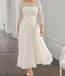 voordelige -Strand Bruiloft A-Lijn Moeder van de Bruid Jurk Bruiloft Gast Elegante Juweel Hals Enkel Lengte Chiffon Kant 3/4 Lange Mouw met Pailletten Ruching 2025 gratis op maat gemaakt
