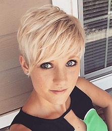 baratos -peruca curta com corte pixie em camadas com franja, raízes escuras sintéticas, cabelo de reposição completo para mulheres brancas loiro cinza lowlight com raiz