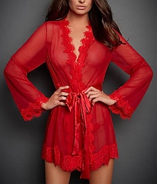 economico -vestaglia in pizzo da donna, manica lunga, cintura in vita, intimo rosso, loungewear, regolabile, romantico, delicato, elegante, tutte le stagioni