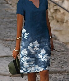 levne -dámské šaty ke kolenům šaty zelené modré s krátkým rukávem květinový potisk jaro léto výstřih do v základní ležérní volný 2023 s m l xl xxl 3xl / 3D tisk