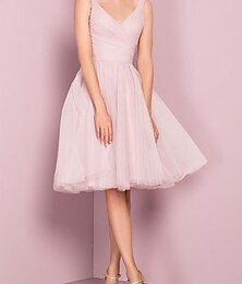 cheap -A-Line Cocktail Dresses Flirty Dress Homecoming Graduation Knee Length Sleeveless V Neck Pink Dress Tulle with Pleats 2024
